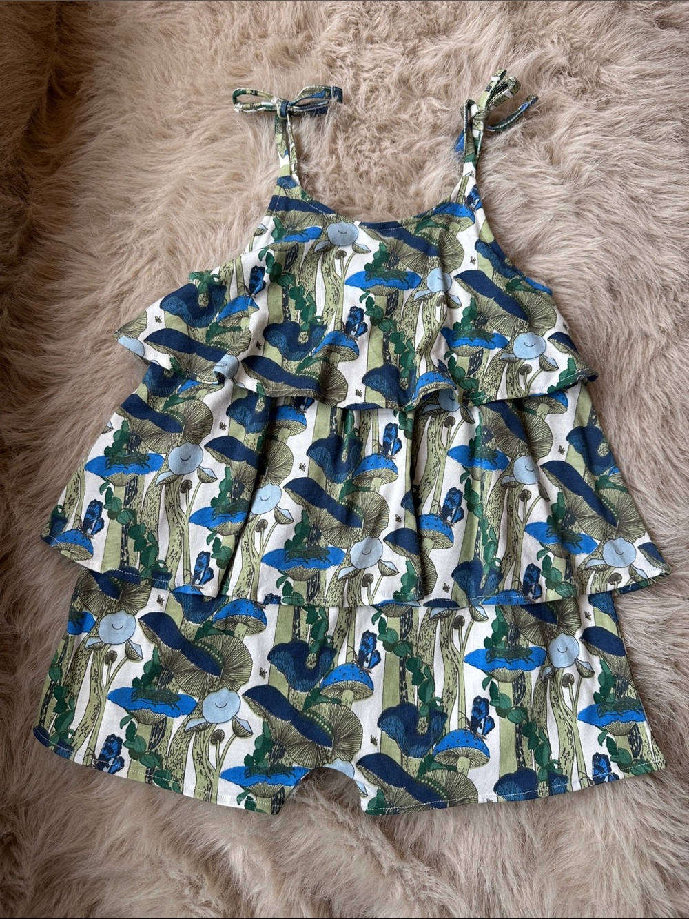 Kate Quinn Mushroom Floral Ruffle Tiered Romper - Blue & Green Print